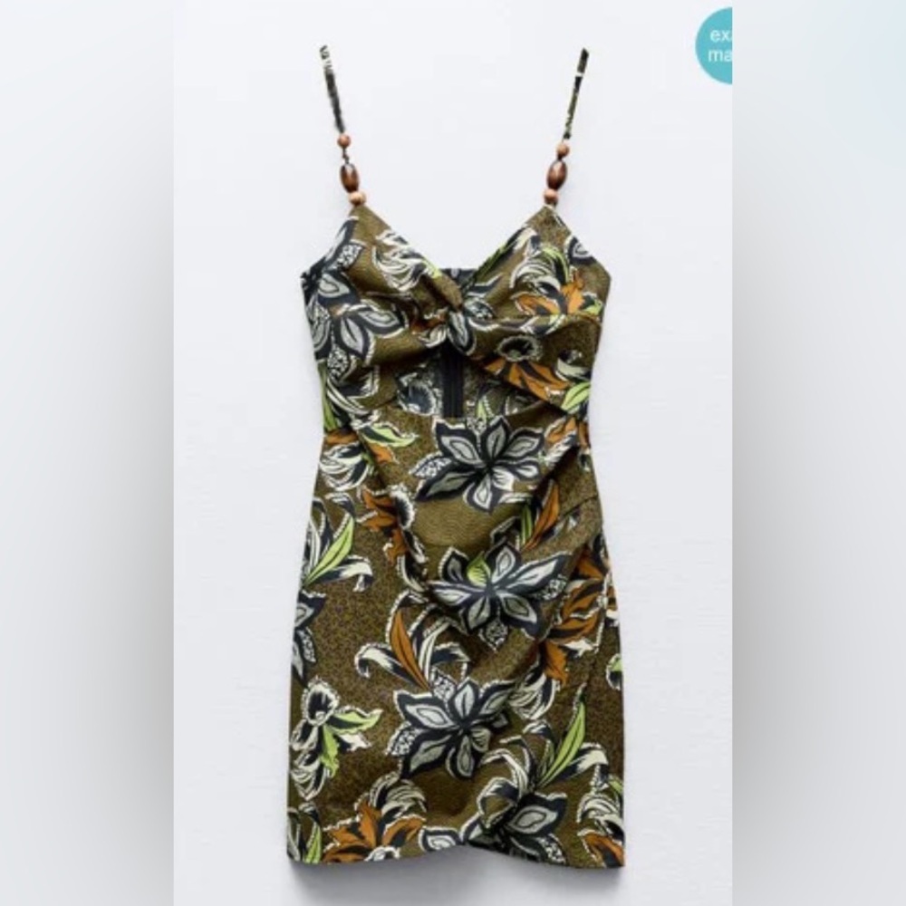 Zara Ethnic Print Beaded Floral Dress - Black, White, Green, Brown Small - Picture 2 of 16